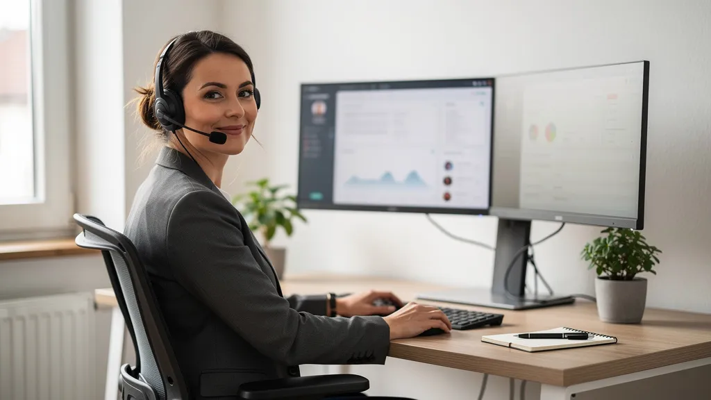 Servicemitarbeiterin mit Headset übergibt komplexen Anruf, Voicebot Kundenservice erledigt Routinefälle im Hintergrund