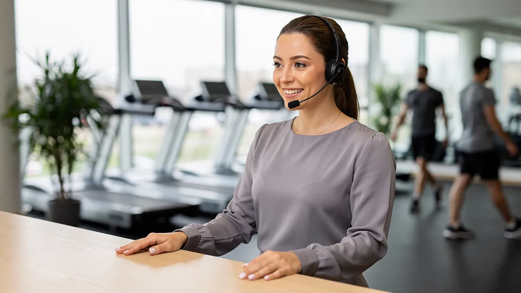 Internationale Frau telefoniert lächelnd an der Rezeption eines modernen Fitnessstudios in der Großstadt