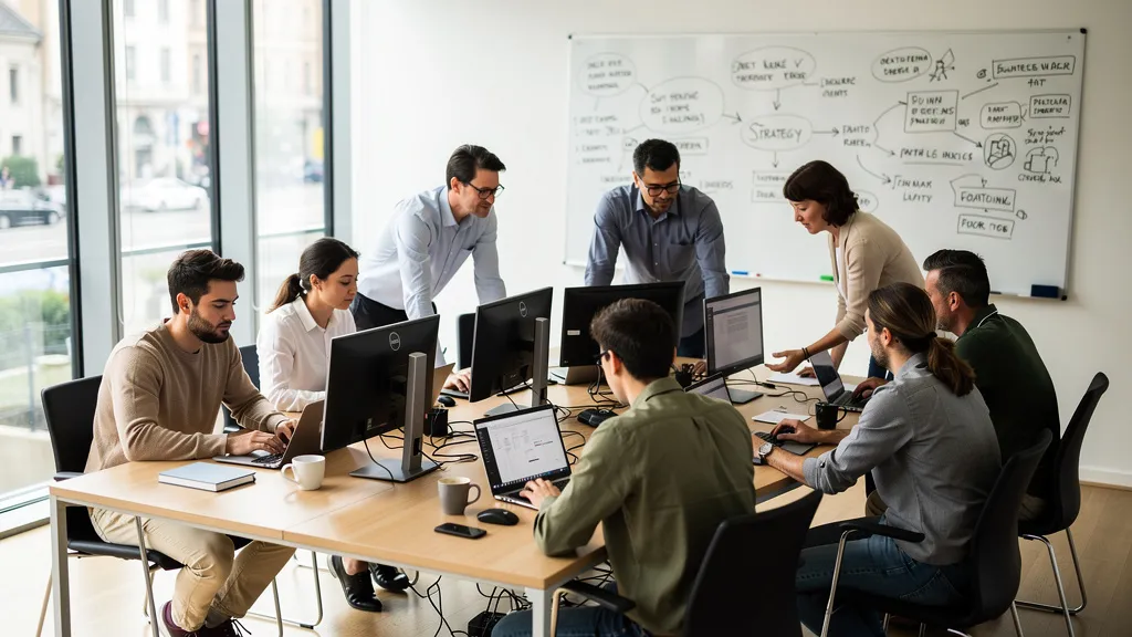 Achtköpfiges KMU-Team arbeitet konzentriert im Büro, Sinnbild für KI-Produktivität im Mittelstand