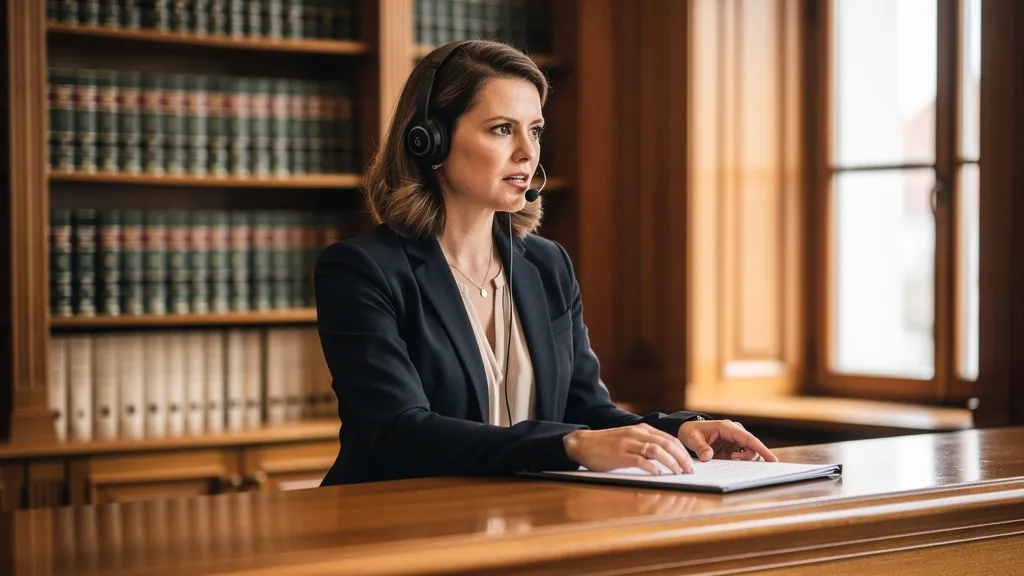 Notarfachangestellte mit Headset priorisiert am Telefon einen dringenden Eilfall in einer Notarkanzlei