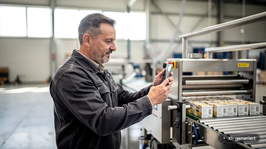 Servicetechniker fotografiert Maschine, multimodale KI erstellt Diagnose aus Bild und Sprache (KI-generiertes Bild)