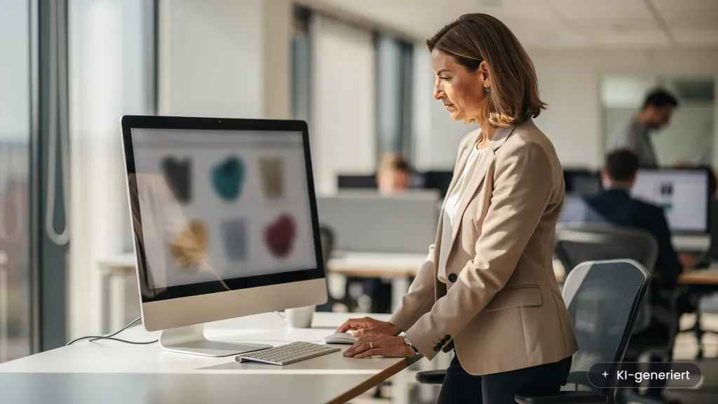 KI-Kennzeichnungspflicht: Marketingleiterin prüft KI-generierte Inhalte im Büro am Bildschirm (KI-generiertes Bild)