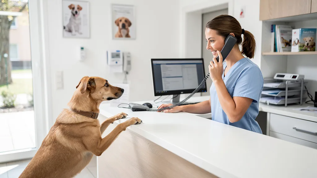 Empfang einer Tierarztpraxis: Mitarbeiterin am Telefon mit Hund, im Hintergrund Praxiscomputer für sichere Datenverarbeitung