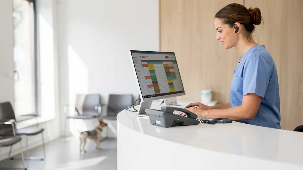 Telefonbot Praxissoftware Anbindung Tierarzt: Anmeldung mit Terminkalender am Bildschirm und Telefon