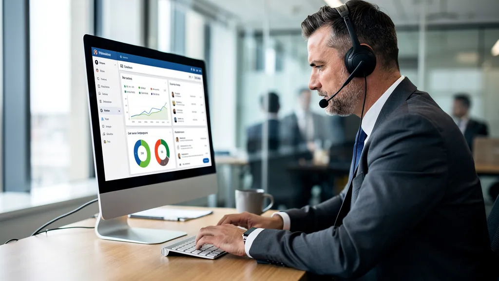 Versicherungsmakler dokumentiert ein Telefonat im CRM am Bildschirm