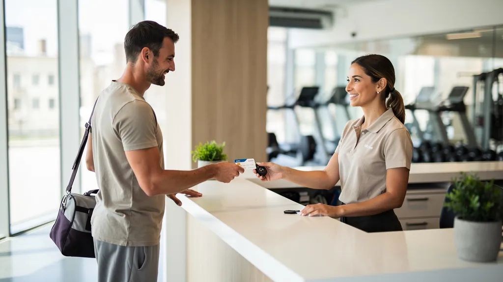 Neues Fitnessstudio-Mitglied wird am Empfang begrüßt und erhält seinen Zugangschip nach dem Abschluss