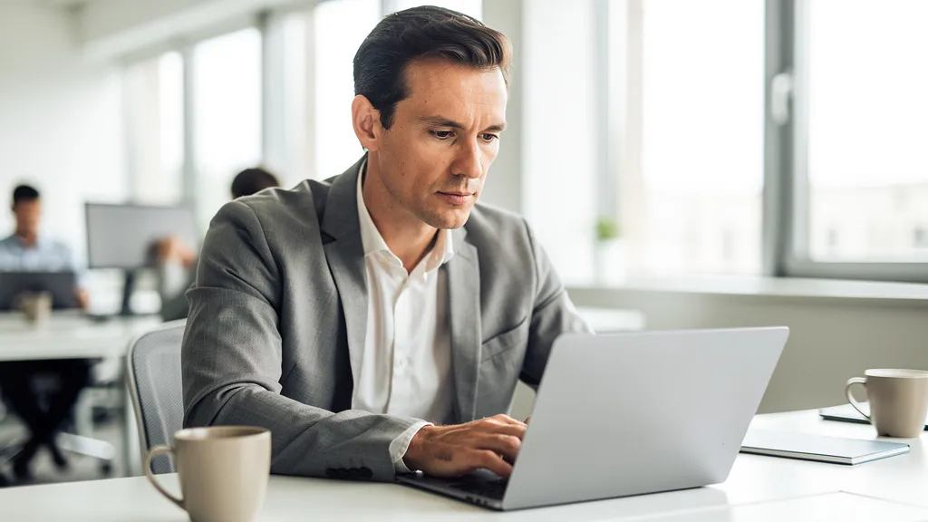 Fachkraft testet neue KI-Software am Laptop im modernen Büro
