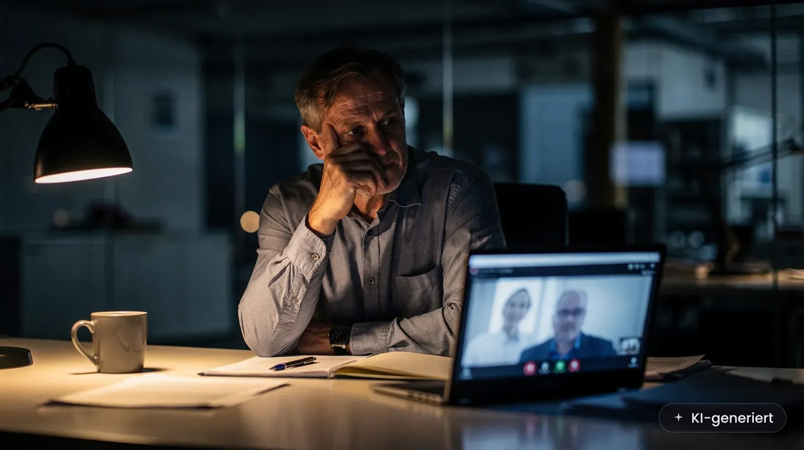 Schafft KI neue Jobs? Geschäftsführer schaut spätabends ein KI-Interview am Laptop im Büro (KI-generiertes Bild)