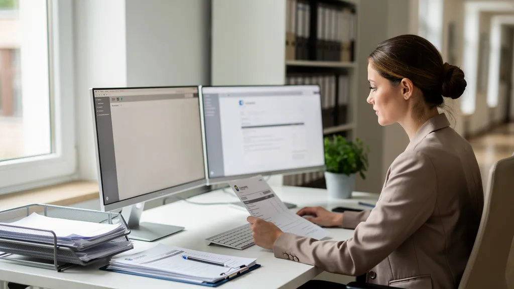 KI-Backoffice Hausverwaltung: Sachbearbeiterin am Schreibtisch mit digitalem Posteingang, Rechnungen und Mieteranfragen